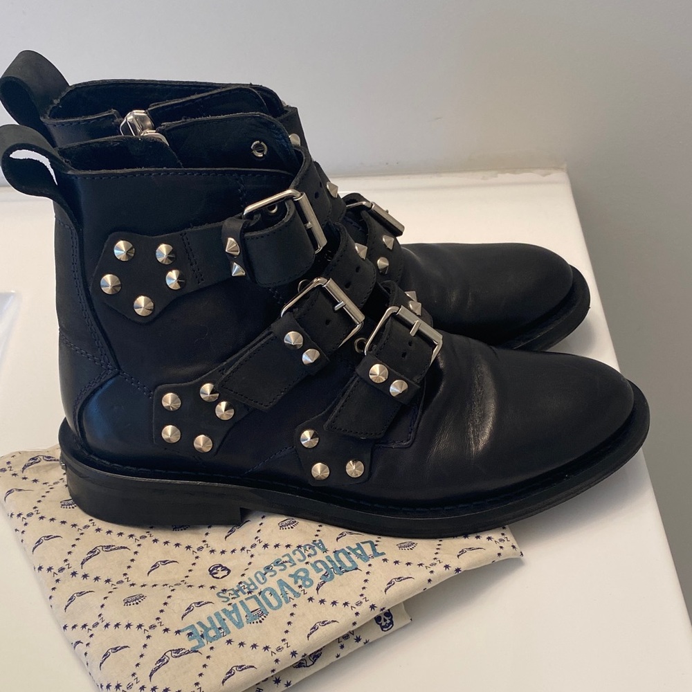 Zadig & Voltaire Black Leather Buckle & Stud Ankle Boots
